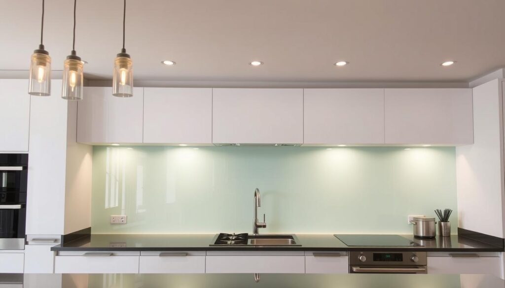 A modern, well-lit kitchen interior with a large, custom-made glass splashback in the foreground. The splashback features a clean, minimalist design with crisp edges and a subtle, semi-transparent quality. The glass has a slight green tint, creating a natural, earthy feel. The splashback extends from the countertop to the underside of the wall-mounted cabinets, providing ample coverage. The kitchen appliances and fixtures are modern and high-end, with a sleek stainless steel finish that complements the glass splashback. The lighting is a combination of recessed ceiling fixtures and pendant lights, casting a warm, even glow throughout the space. The overall atmosphere is bright, airy, and contemporary, highlighting the functionality and beauty of the customized glass splashback.
