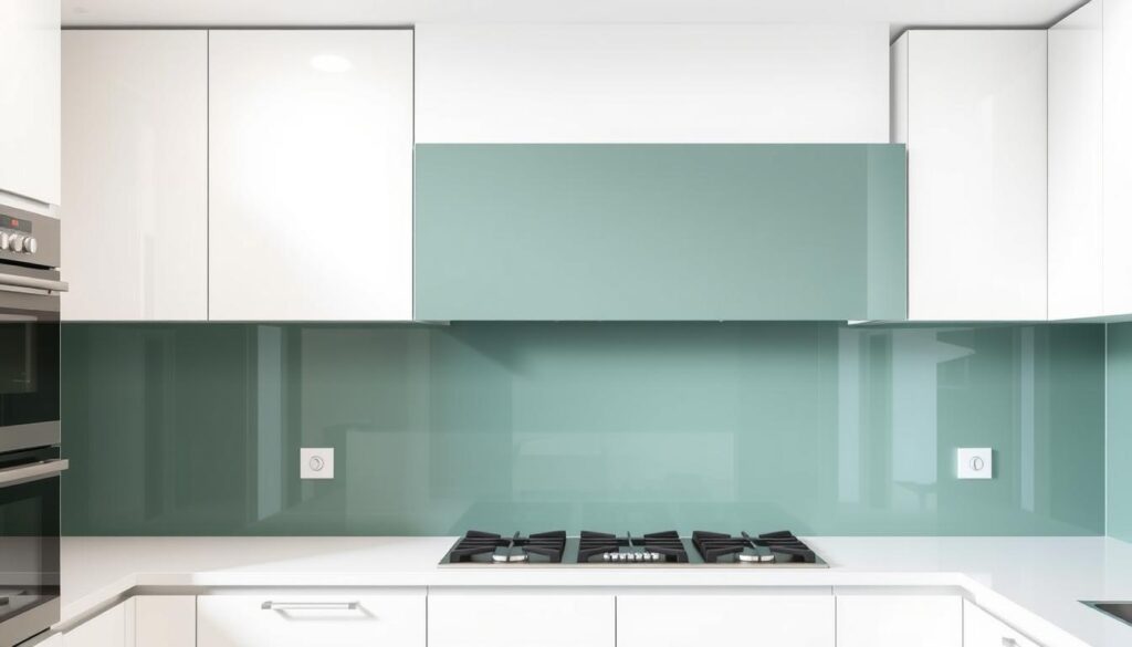 A modern, well-lit kitchen interior with a large glass splash guard covering the entire cooking area. The splash guard is made of tinted tempered glass, seamlessly integrated into the kitchen design. The glass has a subtle, matte finish, reflecting the soft, diffused lighting of the room. The kitchen features a sleek, minimalist aesthetic with clean lines, light-colored cabinets, and stainless steel appliances. The glass splash guard is the focal point, providing a practical and visually appealing solution for protecting the walls from cooking splatters. The overall scene conveys a sense of sophistication, functionality, and attention to detail in the kitchen design.