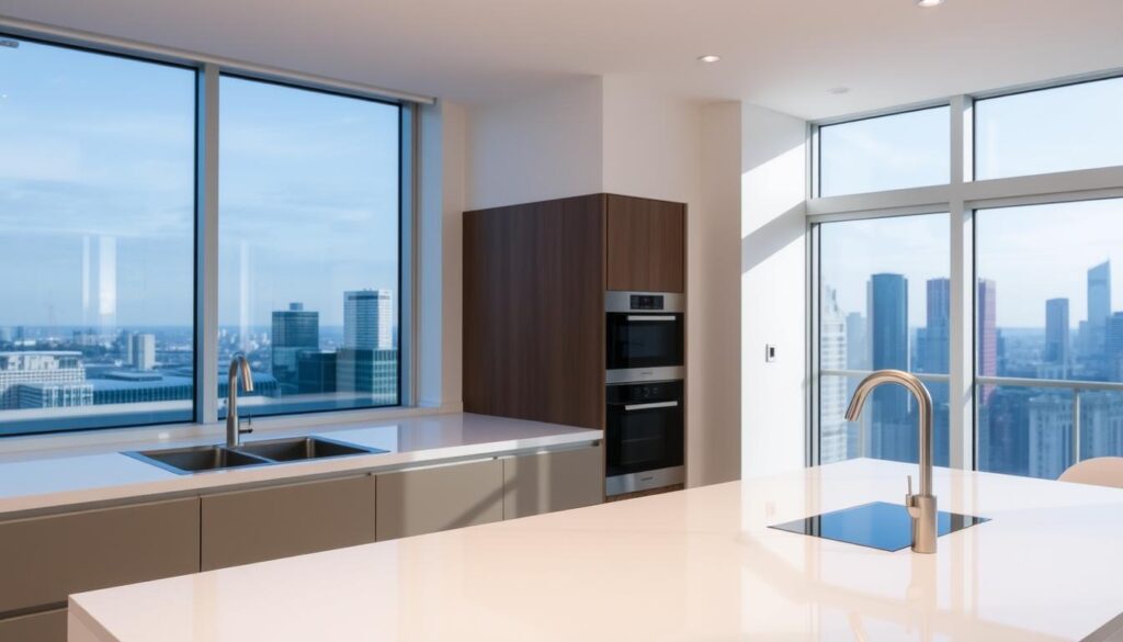 A modern, well-lit kitchen interior with a large window overlooking a city skyline. In the foreground, a sleek, frameless glass panel acts as a stylish splashback, seamlessly integrated into the kitchen countertop. The glass has a subtle, semi-transparent finish that catches the light, creating a soft, diffused glow. The kitchen cabinets and appliances are minimal and contemporary, allowing the glass splashback to take center stage. The overall atmosphere is one of sophistication and functionality, perfectly capturing the essence of a premium kitchen design service. A modern, well-lit kitchen interior with a large window overlooking a city skyline. In the foreground, a sleek, frameless glass panel acts as a stylish splashback, seamlessly integrated into the kitchen countertop. The glass has a subtle, semi-transparent finish that catches the light, creating a soft, diffused glow. The kitchen cabinets and appliances are minimal and contemporary, allowing the glass splashback to take center stage. The overall atmosphere is one of sophistication and functionality, perfectly capturing the essence of a premium kitchen design service.