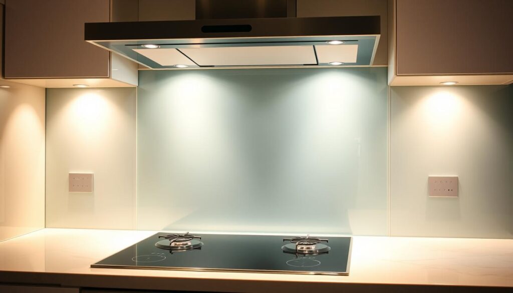 A modern, well-lit kitchen interior with a sleek, custom-designed glass backsplash in the foreground. The glass surface reflects the warm, ambient lighting, creating a luminous, high-end ambiance. The backsplash covers the entire wall behind the stove, seamlessly integrating with the surrounding countertops and cabinetry. The glass has a subtle, frosted appearance, providing a clean and minimalist aesthetic. The overall composition showcases the backsplash as the focal point, highlighting its functionality and visual appeal within the kitchen's design.