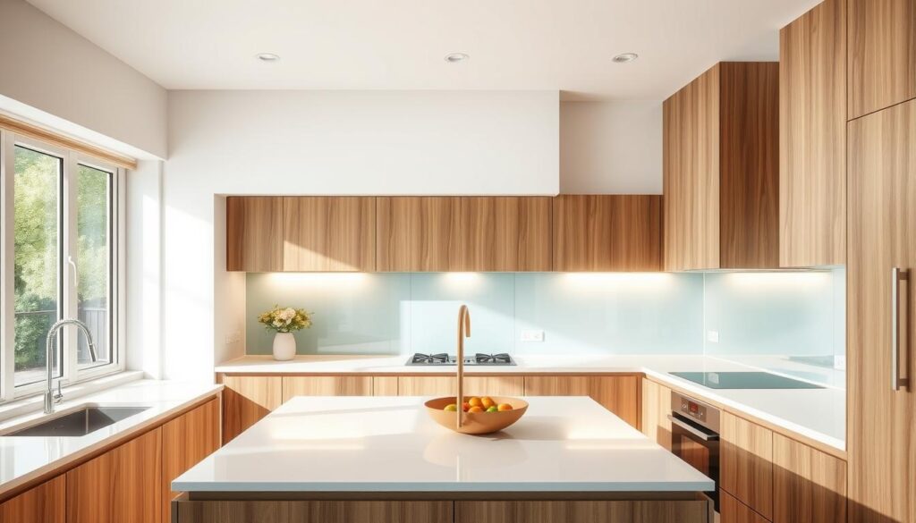 A modern, well-lit kitchen interior with a sleek glass backsplash. The backsplash features a customizable, seamless design, with a smooth, reflective surface that catches the warm glow of the room's lighting. The layout is open and airy, with clean lines and a minimalist aesthetic. Wooden cabinets and countertops provide a natural contrast to the glass, creating a harmonious blend of materials. A sophisticated, high-end feel permeates the space, inviting the viewer to imagine the possibilities of a personalized kitchen design.
