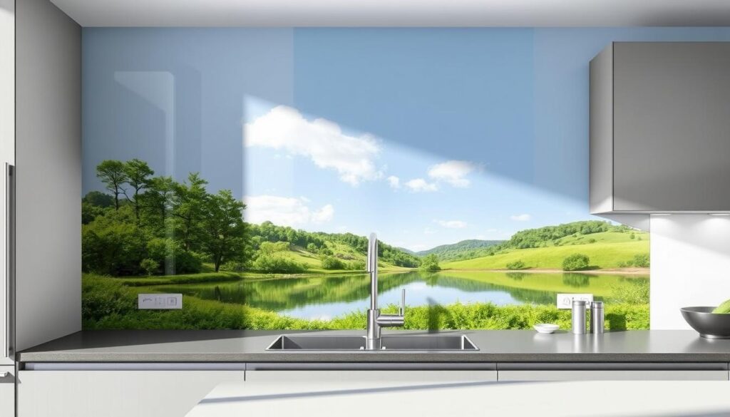 A modern, well-lit kitchen showcasing a high-quality glass kitchen backsplash. The backsplash features a vibrant, photorealistic print with crisp details and a smooth, glossy surface. The print depicts a serene landscape with lush greenery, a clear blue sky, and a tranquil body of water reflecting the natural scenery. The backsplash is seamlessly integrated into the kitchen's sleek, minimalist design, creating a focal point that effortlessly complements the overall aesthetic. Soft, diffused lighting illuminates the backsplash, highlighting the depth and clarity of the UV-printed image. The scene conveys a sense of calm, natural beauty that instantly elevates the kitchen's atmosphere. A modern, well-lit kitchen showcasing a high-quality glass kitchen backsplash. The backsplash features a vibrant, photorealistic print with crisp details and a smooth, glossy surface. The print depicts a serene landscape with lush greenery, a clear blue sky, and a tranquil body of water reflecting the natural scenery. The backsplash is seamlessly integrated into the kitchen's sleek, minimalist design, creating a focal point that effortlessly complements the overall aesthetic. Soft, diffused lighting illuminates the backsplash, highlighting the depth and clarity of the UV-printed image. The scene conveys a sense of calm, natural beauty that instantly elevates the kitchen's atmosphere.