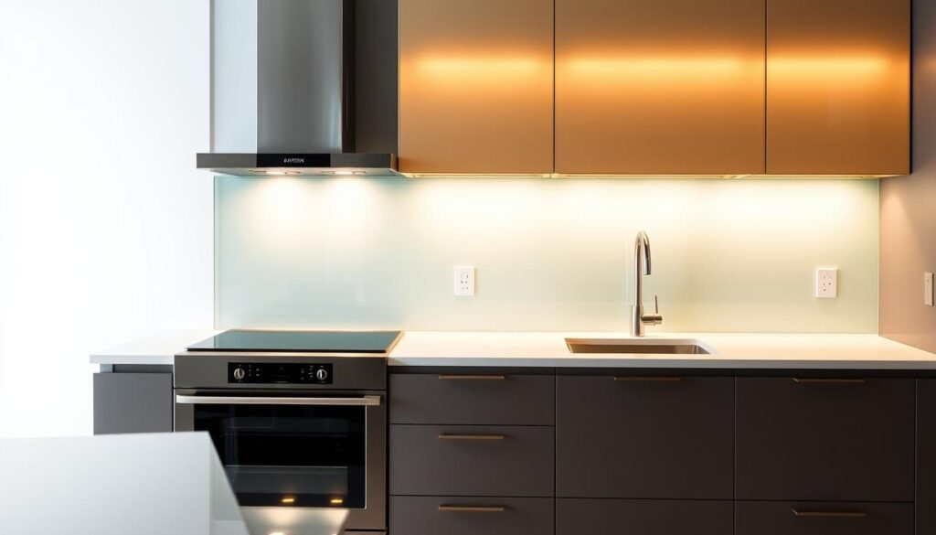 A modern, well-lit kitchen with a sleek glass backsplash that extends from the countertop to the cabinets above. The glass panel has a smooth, glossy surface that reflects the warm, indirect lighting, creating a soft, even illumination throughout the space. The backsplash is devoid of any visible seams or edges, giving the impression of a seamless, unified design. The kitchen features high-end stainless steel appliances, clean-lined cabinetry, and a minimalist aesthetic that showcases the beauty and functionality of the glass backsplash. A modern, well-lit kitchen with a sleek glass backsplash that extends from the countertop to the cabinets above. The glass panel has a smooth, glossy surface that reflects the warm, indirect lighting, creating a soft, even illumination throughout the space. The backsplash is devoid of any visible seams or edges, giving the impression of a seamless, unified design. The kitchen features high-end stainless steel appliances, clean-lined cabinetry, and a minimalist aesthetic that showcases the beauty and functionality of the glass backsplash.