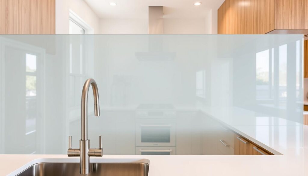 A modern, well-lit kitchen with a sleek glass backsplash that spans the entire wall. The glass has a subtle, soft gray tint, creating a clean and contemporary look. The surface is smooth and reflective, catching the light from the overhead fixtures and windows. In the foreground, a brushed metal faucet and sink stand out against the glass backdrop. The middle ground features neatly organized kitchen appliances, like a built-in oven and cooktop, complementing the minimalist design. The background showcases a view of the rest of the kitchen, with wooden cabinetry and countertops, adding warmth and balance to the space.