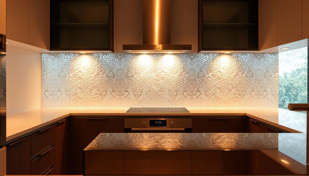 A modern, well-lit kitchen with a stunning glass backsplash that spans the entire wall. The glass panels have a subtle, elegant pattern that refracts the light, creating a mesmerizing, shimmering effect. The backsplash blends seamlessly with the sleek, minimalist kitchen cabinets and countertops, creating a cohesive, high-end aesthetic. Warm, directional lighting casts a soft glow on the glass, highlighting its translucent quality and the intricate design. The kitchen is bathed in a warm, inviting atmosphere, with the glass backsplash serving as the focal point and a testament to the homeowner's impeccable taste and attention to detail.