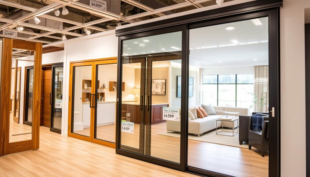 A modern, well-lit showroom displaying a variety of sleek, high-quality sliding doors in various sizes and finishes. The foreground features a large, frameless glass sliding door with a minimalist metal track, highlighting its seamless integration and premium look. In the middle ground, additional sliding door options are showcased, including wood-framed and all-glass designs, each accompanied by clear price tags that convey the range of options and costs. The background depicts a warm, inviting living space, emphasizing how these sliding doors can elevate the aesthetic and functionality of any home. The overall scene conveys a sense of sophisticated design, quality craftsmanship, and a wide selection of sliding door solutions to suit different budgets and preferences.