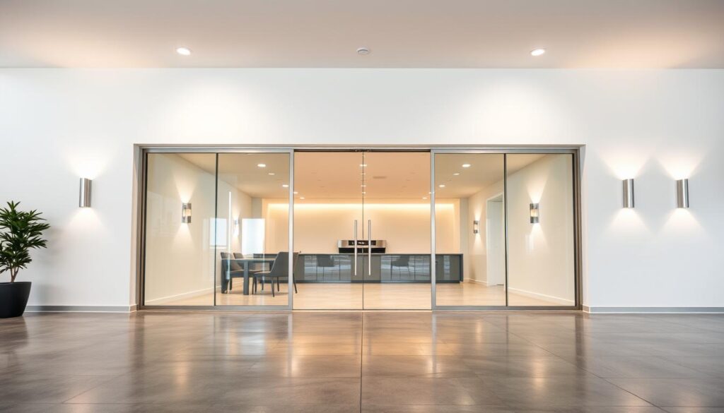 A modern, well-lit showroom interior with a focal point of a sliding glass door wall system. The sliding doors are made of sleek, frameless glass panels that glide effortlessly on a discreet track system. The doors are flanked by minimal, brushed aluminum trim that blends seamlessly into the surrounding white walls. The lighting is a combination of recessed ceiling fixtures and discrete wall sconces, creating a warm, inviting ambiance. The floor is a polished concrete surface that reflects the doors and allows the space to feel open and airy. The overall scene conveys a sense of quality, sophistication, and attention to detail - highlighting the premium nature of the sliding door system. A modern, well-lit showroom interior with a focal point of a sliding glass door wall system. The sliding doors are made of sleek, frameless glass panels that glide effortlessly on a discreet track system. The doors are flanked by minimal, brushed aluminum trim that blends seamlessly into the surrounding white walls. The lighting is a combination of recessed ceiling fixtures and discrete wall sconces, creating a warm, inviting ambiance. The floor is a polished concrete surface that reflects the doors and allows the space to feel open and airy. The overall scene conveys a sense of quality, sophistication, and attention to detail - highlighting the premium nature of the sliding door system.