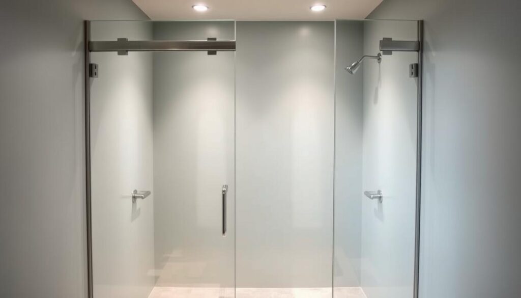 A modern, well-lit walk-in shower enclosure made of clear tempered glass panels, seamlessly integrated into a sleek, minimalist bathroom design. The glass walls are framed by stainless steel or chrome fittings, creating a clean, contemporary aesthetic. The shower area is spacious and open, allowing for easy access and a sense of airiness. Soft, diffused lighting from above casts a gentle glow, while the floor is tiled in neutral tones to complement the glass and metal elements. The overall impression is one of sophistication, functionality, and a spa-like retreat within the home. A modern, well-lit walk-in shower enclosure made of clear tempered glass panels, seamlessly integrated into a sleek, minimalist bathroom design. The glass walls are framed by stainless steel or chrome fittings, creating a clean, contemporary aesthetic. The shower area is spacious and open, allowing for easy access and a sense of airiness. Soft, diffused lighting from above casts a gentle glow, while the floor is tiled in neutral tones to complement the glass and metal elements. The overall impression is one of sophistication, functionality, and a spa-like retreat within the home.