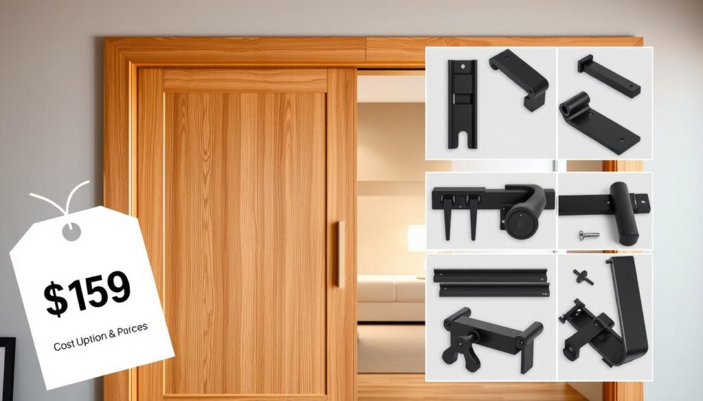 A modern, well-lit wooden sliding door with a sleek, minimalist design. The door is framed by warm, natural wood tones, complemented by a subtle grain texture. In the foreground, there is a price tag or label, showcasing the cost options and upgrades available. The middle ground features various hardware components, such as handles, hinges, and tracks, highlighting the customization possibilities. The background depicts a serene, softly lit interior space, emphasizing the door's seamless integration into the environment. The overall composition conveys a sense of high-quality, bespoke craftsmanship and the flexibility to tailor the door to the user's preferences. A modern, well-lit wooden sliding door with a sleek, minimalist design. The door is framed by warm, natural wood tones, complemented by a subtle grain texture. In the foreground, there is a price tag or label, showcasing the cost options and upgrades available. The middle ground features various hardware components, such as handles, hinges, and tracks, highlighting the customization possibilities. The background depicts a serene, softly lit interior space, emphasizing the door's seamless integration into the environment. The overall composition conveys a sense of high-quality, bespoke craftsmanship and the flexibility to tailor the door to the user's preferences.