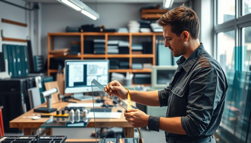 A modern, well-lit workshop filled with various tools and materials. In the foreground, a professional wearing a uniform carefully measures a glass panel using a tape measure. In the middle ground, a computer screen displays detailed schematics and plans. In the background, shelves hold an assortment of glass panels and accessories. The scene conveys a sense of precision, expertise, and attention to detail, reflecting the "Planung, Aufmaß & Montage-Service" theme. Soft, diffused lighting creates a warm, inviting atmosphere.