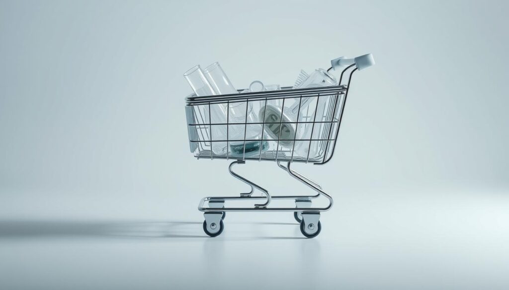 A neatly arranged glass shopping cart, its transparent walls showcasing a collection of various glass products. The cart sits atop a smooth, reflective surface, creating a sense of depth and elegance. Soft, directional lighting illuminates the scene, casting subtle shadows and highlighting the cart's clean, minimalist design. The background is a muted, neutral tone, allowing the cart and its contents to take center stage. The overall atmosphere exudes a sense of high-quality, premium shopping experience, reflecting the subject of the article.