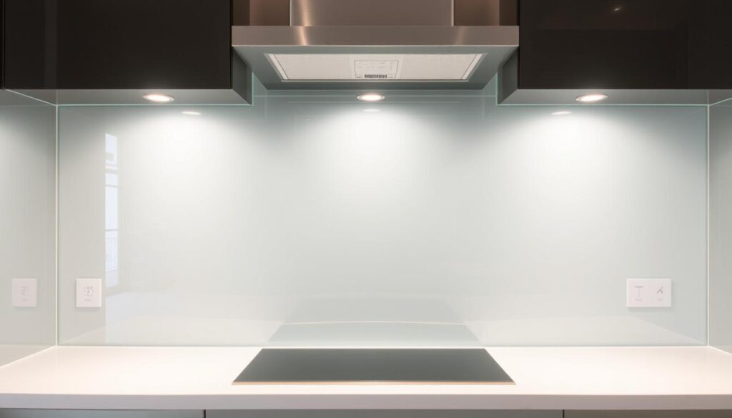 A premium kitchen backsplash made of tempered safety glass, reflecting a soft, diffused light from the overhead fixtures. The glass panels seamlessly integrate into the sleek, modern kitchen design, creating a clean, hygienic, and visually appealing surface that protects the walls from splatters and spills. The material's smooth, glossy finish creates a mirror-like effect, adding depth and a sense of spaciousness to the room. Subtle yet striking, this glass backsplash elevates the kitchen's aesthetic while providing a durable, easy-to-clean surface for everyday use. A premium kitchen backsplash made of tempered safety glass, reflecting a soft, diffused light from the overhead fixtures. The glass panels seamlessly integrate into the sleek, modern kitchen design, creating a clean, hygienic, and visually appealing surface that protects the walls from splatters and spills. The material's smooth, glossy finish creates a mirror-like effect, adding depth and a sense of spaciousness to the room. Subtle yet striking, this glass backsplash elevates the kitchen's aesthetic while providing a durable, easy-to-clean surface for everyday use.