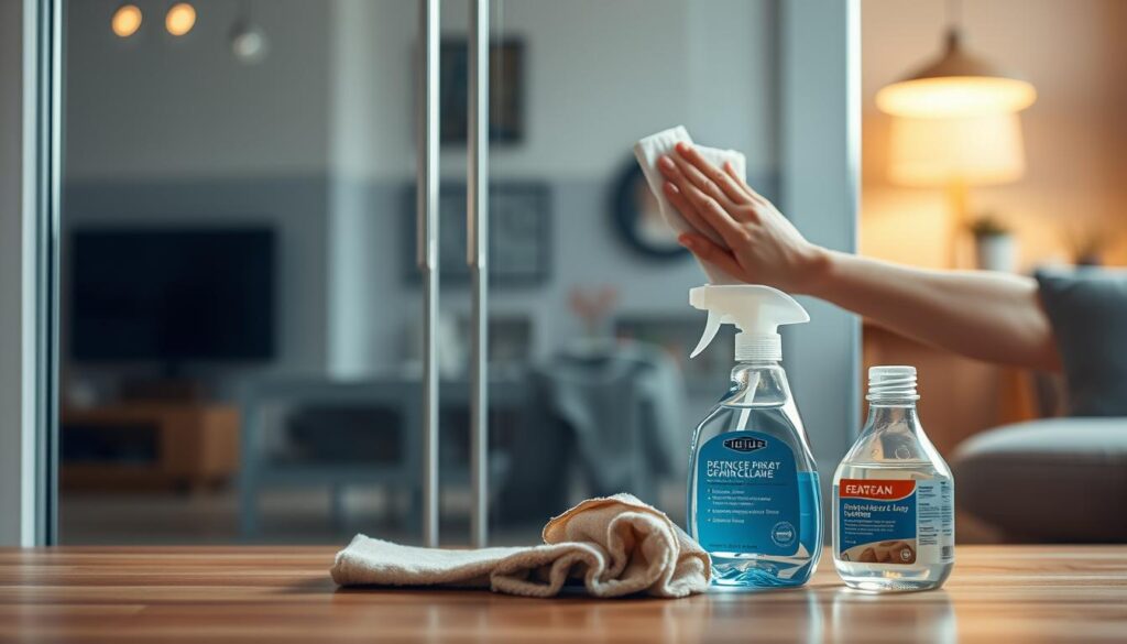 A pristine glass door stands tall, its surface gleaming under the soft, diffused lighting. The door's smooth, reflective pane effortlessly blends with the surrounding environment, creating an illusion of seamless integration. In the foreground, a delicate hand gently wipes the surface, leaving behind a streak-free, crystalline finish. The middle ground features a selection of cleaning supplies, including a microfiber cloth and a specialized glass cleaner, neatly arranged to convey a sense of order and efficiency. The background subtly suggests a cozy, domestic setting, with hints of warm wooden tones and a harmonious color palette that enhances the overall ambiance. This image evokes a serene, well-maintained atmosphere, perfectly suited to illustrate the "Pflege & Privatsphäre" section of the article. A pristine glass door stands tall, its surface gleaming under the soft, diffused lighting. The door's smooth, reflective pane effortlessly blends with the surrounding environment, creating an illusion of seamless integration. In the foreground, a delicate hand gently wipes the surface, leaving behind a streak-free, crystalline finish. The middle ground features a selection of cleaning supplies, including a microfiber cloth and a specialized glass cleaner, neatly arranged to convey a sense of order and efficiency. The background subtly suggests a cozy, domestic setting, with hints of warm wooden tones and a harmonious color palette that enhances the overall ambiance. This image evokes a serene, well-maintained atmosphere, perfectly suited to illustrate the "Pflege & Privatsphäre" section of the article.