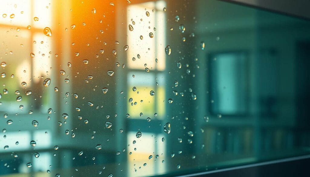 A pristine glass kitchen backsplash, meticulously cleaned, reflecting the warm glow of natural lighting. Subtle water droplets gently cling to the surface, refracting the surroundings in a mesmerizing display. The glass appears flawless, its transparent nature allowing the vibrant colors of the kitchen to shine through. A soft, diffused illumination from above casts a gentle, even light, highlighting the glass's smooth, unblemished finish. The scene conveys a sense of cleanliness, order, and attention to detail, inspiring a desire to maintain the backsplash's gleaming appearance.
