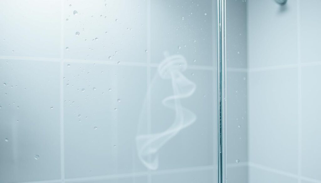 A pristine glass shower enclosure, its surface gleaming under the soft, diffused lighting. The frameless panes reflect the clean, minimalist bathroom tiles, creating a seamless, spa-like ambiance. Wisps of steam drift lazily, hinting at the recent cleansing ritual. Carefully positioned, the camera captures the glass in sharp focus, revealing the intricate patterns of water droplets and the smooth, unblemished surface - a testament to the effectiveness of the cleaning regimen. The composition emphasizes the transparency and clarity of the glass, showcasing its flawless, streak-free appearance, ready to withstand the test of time with proper maintenance.