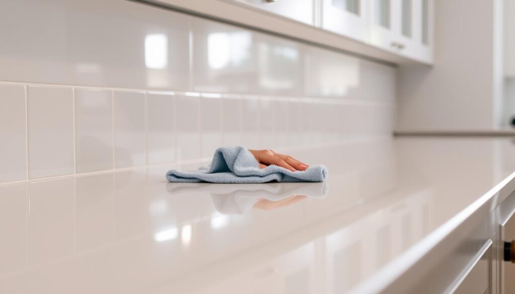 A pristine, gleaming kitchen backsplash radiates under soft, diffused lighting. The surface is meticulously clean, free of any grime or residue, reflecting the surrounding cabinetry and appliances in its flawless, glossy finish. A gentle hand, wielding a microfiber cloth, glides across the panel, effortlessly removing any lingering smudges or fingerprints, leaving behind a spotless, streak-free surface. The backsplash appears freshly polished, its vibrant color and texture accentuated by the carefully curated lighting, creating a sense of order and pride in the well-maintained kitchen space.