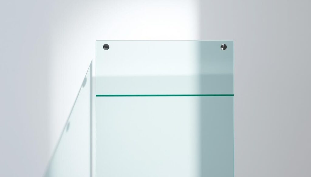 A pristine, high-quality sheet of 6mm tempered safety glass (ESG) takes center stage, its smooth surface gleaming under carefully controlled studio lighting. The glass appears to float effortlessly, casting sharp, defined shadows that convey a sense of depth and solidity. The lighting is soft and diffused, creating a subtle, alluring atmosphere that highlights the glass's structural integrity and premium aesthetic. The background is a clean, neutral palette, allowing the glass to be the sole focus of the image, showcasing its clarity, strength, and suitability for high-end shower enclosures and partitions.