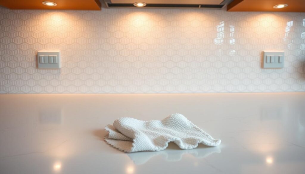 A pristine kitchen backsplash bathed in warm, diffused lighting. The surface gleams with a smooth, polished finish, effortlessly repelling water and splatter. Intricate patterns of geometric tiles create a sleek, contemporary aesthetic, seamlessly integrating with the surrounding cabinetry and countertops. In the foreground, a clean, microfiber cloth hovers, ready to gently wipe away any lingering residue, leaving the surface spotless and streak-free. The overall atmosphere radiates a sense of effortless maintenance and attention to detail, perfectly capturing the essence of "Pflege & Reinigung Ihrer Küchenrückwand".