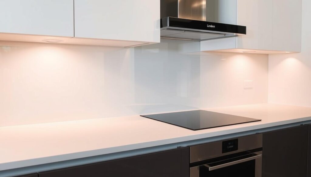 A pristine kitchen countertop with a sleek glass splashback that extends from the backsplash to the overhead cabinets. The glass surface gleams under the warm, diffused lighting, casting soft reflections that add depth and visual interest. The kitchen is tidy and organized, with minimal clutter, creating a sense of tranquility and efficiency. The glass splashback provides a smooth, seamless surface that is easy to wipe clean, enabling a quick and effortless cleanup after meal preparation. The overall scene conveys a modern, high-quality kitchen design that prioritizes both functionality and aesthetics. A pristine kitchen countertop with a sleek glass splashback that extends from the backsplash to the overhead cabinets. The glass surface gleams under the warm, diffused lighting, casting soft reflections that add depth and visual interest. The kitchen is tidy and organized, with minimal clutter, creating a sense of tranquility and efficiency. The glass splashback provides a smooth, seamless surface that is easy to wipe clean, enabling a quick and effortless cleanup after meal preparation. The overall scene conveys a modern, high-quality kitchen design that prioritizes both functionality and aesthetics.