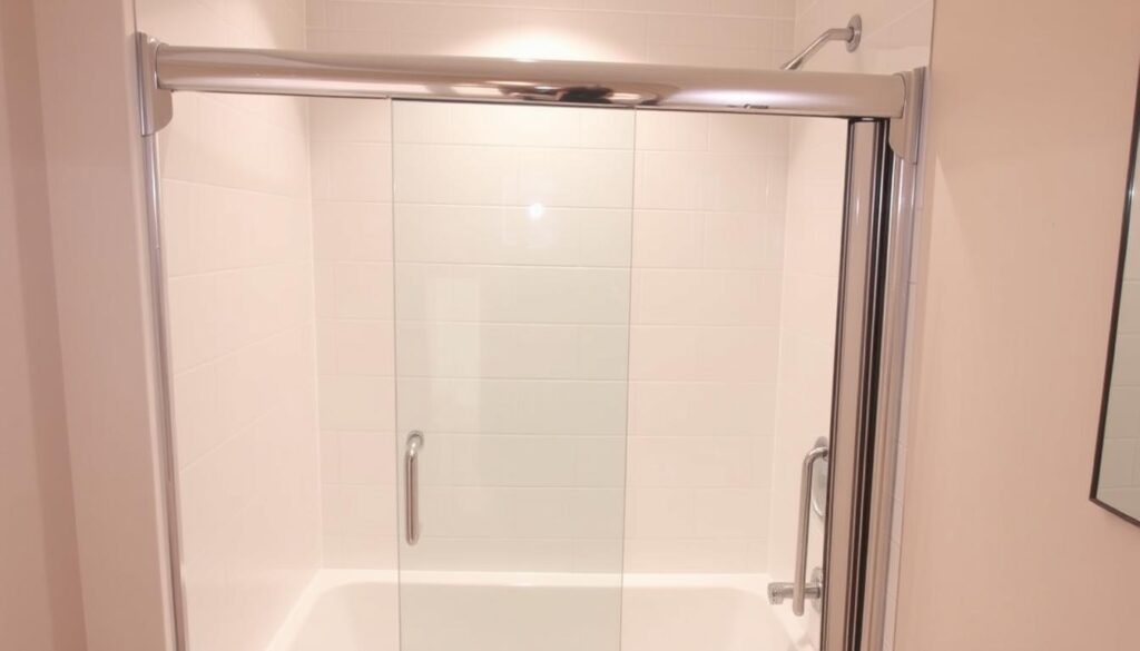 A pristine, modern bathroom with a sleek, frameless glass shower enclosure. A sturdy, chrome-finished shower door frame securely holds a clear, tempered glass panel in place. The glass surface is free of water spots, grime, or other imperfections, reflecting the bright, warm lighting overhead. The tiled floor and walls create a clean, minimalist aesthetic. The shower door's hinges and handle are polished to a shine, seamlessly integrated into the design. A high-quality, easily removable shower door surround sits atop the tub, allowing for convenient access and effortless cleaning. A pristine, modern bathroom with a sleek, frameless glass shower enclosure. A sturdy, chrome-finished shower door frame securely holds a clear, tempered glass panel in place. The glass surface is free of water spots, grime, or other imperfections, reflecting the bright, warm lighting overhead. The tiled floor and walls create a clean, minimalist aesthetic. The shower door's hinges and handle are polished to a shine, seamlessly integrated into the design. A high-quality, easily removable shower door surround sits atop the tub, allowing for convenient access and effortless cleaning.