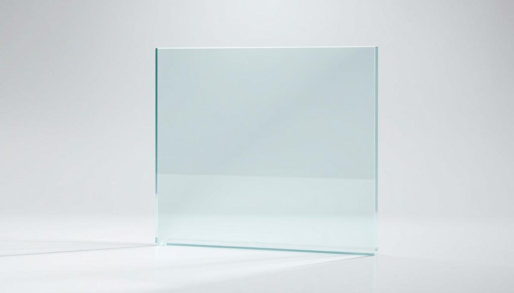 A pristine sheet of tempered safety glass (ESG/VSG) stands prominently in the frame, its surface reflecting the soft, diffused lighting that illuminates the scene. The glass appears seamless, its edges precisely cut and polished to a high sheen. The overall composition emphasizes the quality, durability, and safety of this specialized architectural material, conveying a sense of elegance and reliability. The image is captured from a slightly elevated angle, allowing the viewer to appreciate the glass's dimensional properties and the intricate interplay of light and shadow across its surface.