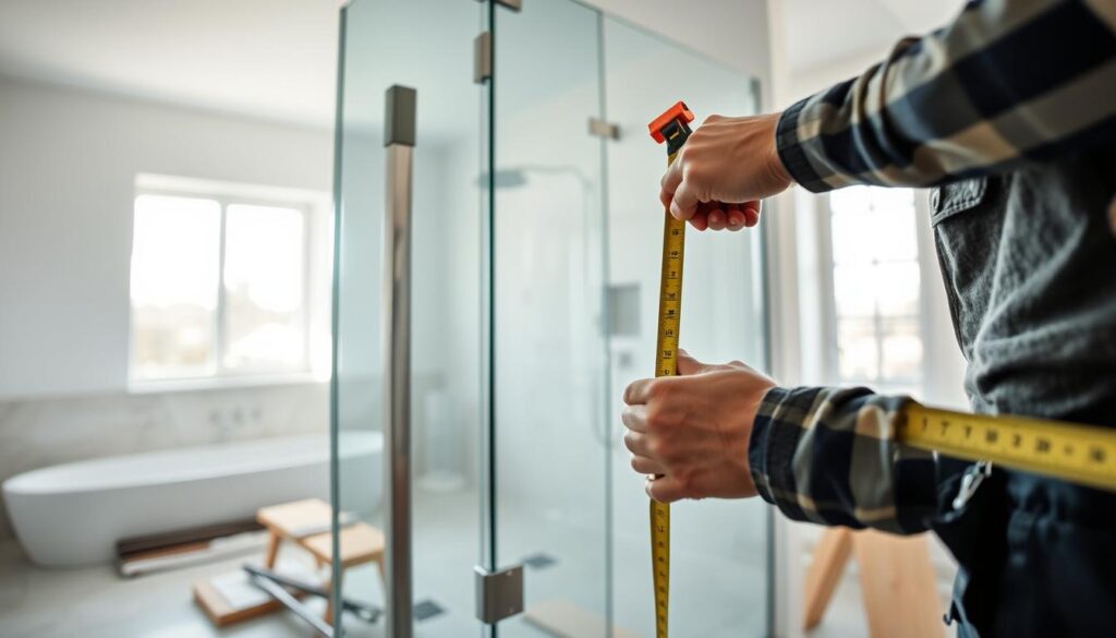A professional, high-quality photograph of a construction worker measuring and installing a custom glass shower wall. The foreground shows the worker's hands holding a measuring tape and using a level to ensure precise installation. The middle ground features the glass panel being carefully positioned in its frame, with the worker's tools and materials visible nearby. The background depicts a modern, clean bathroom interior with natural lighting streaming in through a large window. The overall mood is one of focused attention to detail, with a sense of craftsmanship and care in the service of delivering a custom, high-end product.