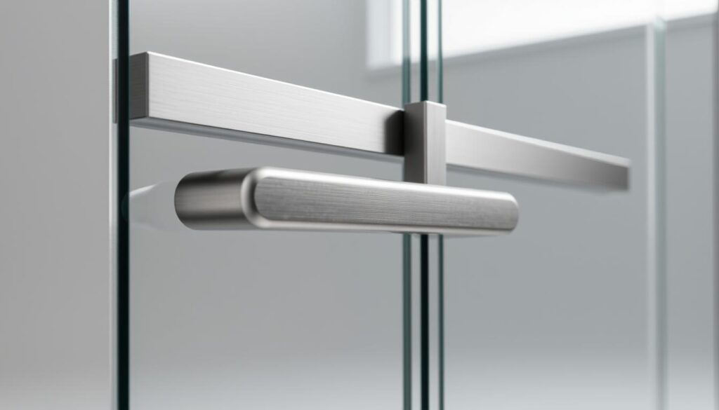 A professional, well-lit studio shot of a glass sliding door handle, capturing the sleek design and high-quality craftsmanship. The handle is made of brushed stainless steel, with a smooth, minimalist form that seamlessly integrates with the door's frameless glass panel. The lighting highlights the material's subtle sheen, creating a sense of elegance and attention to detail. The camera angle showcases the handle's ergonomic shape, hinting at the ease of use and comfort it provides. The background is a neutral, clean-lined set, allowing the sliding door hardware to be the central focus, conveying a sense of refined, modern sophistication. A professional, well-lit studio shot of a glass sliding door handle, capturing the sleek design and high-quality craftsmanship. The handle is made of brushed stainless steel, with a smooth, minimalist form that seamlessly integrates with the door's frameless glass panel. The lighting highlights the material's subtle sheen, creating a sense of elegance and attention to detail. The camera angle showcases the handle's ergonomic shape, hinting at the ease of use and comfort it provides. The background is a neutral, clean-lined set, allowing the sliding door hardware to be the central focus, conveying a sense of refined, modern sophistication.