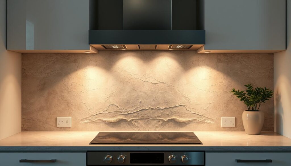 A serene and meticulously crafted kitchen backsplash, showcasing a captivating natural stone motif. The surface exudes a tactile, organic texture, with subtle veining and hues that evoke the tranquility of a sun-dappled forest glade. Soft, diffused lighting casts a warm, inviting glow, complementing the backsplash's elegant yet understated presence. The design seamlessly blends function and artistry, creating a harmonious focal point that elevates the kitchen's aesthetic. This masterfully executed motif embodies the perfect balance of nature and modern design, inspiring a sense of calm and refined sophistication.
