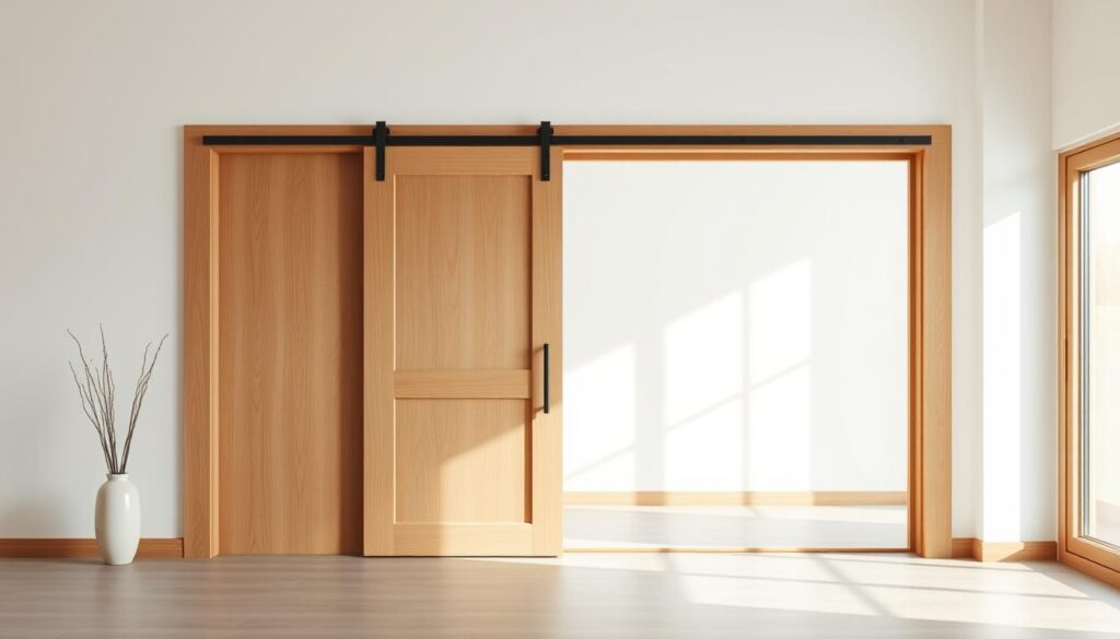 A serene, minimalist wooden sliding door set against a bright, airy interior. The door's natural grain and warm, neutral tones lend a sense of rustic elegance, seamlessly blending form and function. Soft, diffused light filters through large windows, casting gentle shadows that accentuate the door's clean lines and simplistic beauty. The composition emphasizes the door's prominent placement, allowing it to take center stage as the focal point of the scene. The overall atmosphere exudes a sense of modern, sophisticated living, where natural materials and understated design create a harmonious, inviting space. A serene, minimalist wooden sliding door set against a bright, airy interior. The door's natural grain and warm, neutral tones lend a sense of rustic elegance, seamlessly blending form and function. Soft, diffused light filters through large windows, casting gentle shadows that accentuate the door's clean lines and simplistic beauty. The composition emphasizes the door's prominent placement, allowing it to take center stage as the focal point of the scene. The overall atmosphere exudes a sense of modern, sophisticated living, where natural materials and understated design create a harmonious, inviting space.