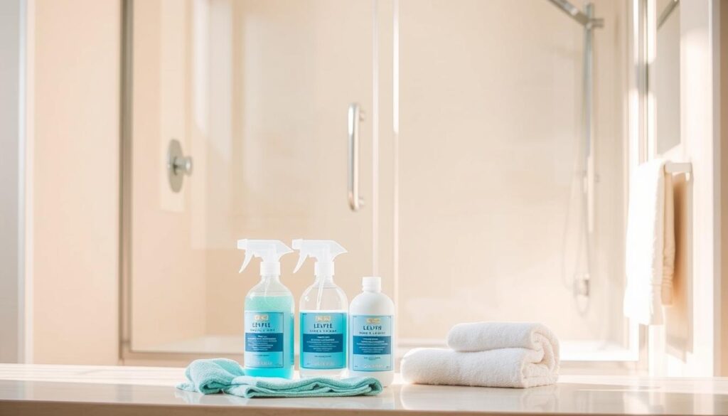 A serene, well-lit bathroom scene featuring a spotless glass shower enclosure with a sleek, minimalist design. The glass panels are sparkling clean, reflecting the warm, natural lighting flooding the space. In the foreground, a selection of high-quality cleaning products and microfiber cloths are neatly arranged, suggesting the ease and simplicity of maintaining the glass door's pristine condition. The overall atmosphere conveys a sense of tranquility and order, highlighting the care and attention given to the shower's upkeep. Subtle details, such as the polished chrome fixtures and plush towels, complement the refined, contemporary aesthetic. A serene, well-lit bathroom scene featuring a spotless glass shower enclosure with a sleek, minimalist design. The glass panels are sparkling clean, reflecting the warm, natural lighting flooding the space. In the foreground, a selection of high-quality cleaning products and microfiber cloths are neatly arranged, suggesting the ease and simplicity of maintaining the glass door's pristine condition. The overall atmosphere conveys a sense of tranquility and order, highlighting the care and attention given to the shower's upkeep. Subtle details, such as the polished chrome fixtures and plush towels, complement the refined, contemporary aesthetic.