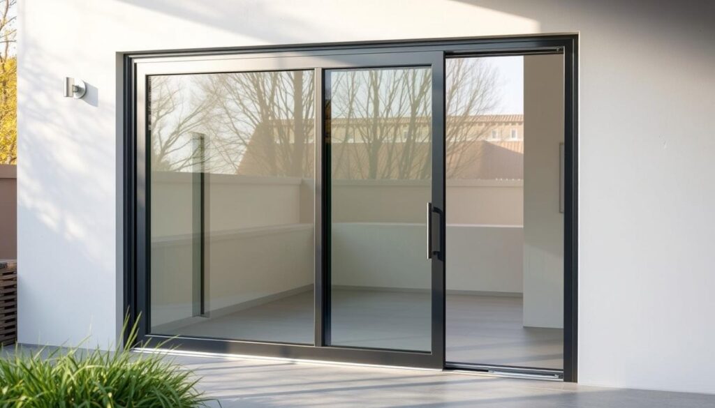 A sleek and modern glass sliding door, its transparent panes reflecting the warm glow of natural light. The door glides effortlessly along a streamlined track, offering a seamless transition between indoor and outdoor spaces. The frame, available in a range of elegant finishes, complements the surrounding architecture, creating a harmonious and visually appealing design. The door's configuration can be customized to fit the exact dimensions of the space, ensuring a perfect, tailor-made solution. Subtle details, such as discreet hardware and the option for motorized operation, add to the door's functionality and sophistication. The scene conveys a sense of minimalism and refinement, perfectly suited for the "Glas Schiebetür - Maßgeschneiderte Lösungen von glastuerhop24.de" article and the "glas schiebetür nach Maß konfigurieren: Varianten, Farben und Komplettsystem" section.