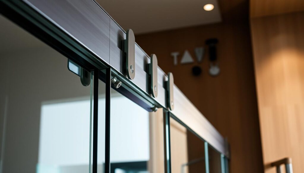 A sleek and modern glass sliding door system, showcasing a range of high-quality hardware components. In the foreground, a smooth, seamless track system guides the door effortlessly, accented by polished chrome fittings. The middle ground features a sophisticated locking mechanism, precision-engineered to provide secure closure. In the background, a variety of discrete yet functional accessories, such as dampers and handles, complement the overall aesthetic. Dramatic lighting casts subtle shadows, highlighting the refined industrial design. The scene conveys a sense of elegant functionality, perfectly suited for the luxurious interiors depicted in the article. A sleek and modern glass sliding door system, showcasing a range of high-quality hardware components. In the foreground, a smooth, seamless track system guides the door effortlessly, accented by polished chrome fittings. The middle ground features a sophisticated locking mechanism, precision-engineered to provide secure closure. In the background, a variety of discrete yet functional accessories, such as dampers and handles, complement the overall aesthetic. Dramatic lighting casts subtle shadows, highlighting the refined industrial design. The scene conveys a sense of elegant functionality, perfectly suited for the luxurious interiors depicted in the article.