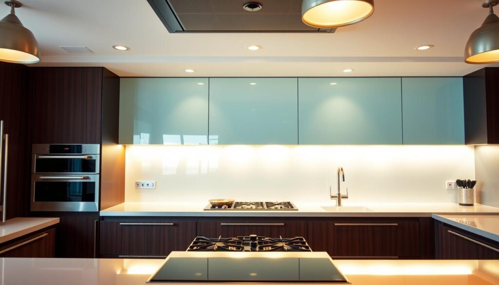 A sleek and modern kitchen interior with a prominent glass splashback. The glass surface is seamless and glistening, reflecting the warm lighting and vibrant colors of the kitchen. The splashback stretches across the full width of the counter, providing a clean and uninterrupted backdrop for the cooking area. The kitchen features high-end stainless steel appliances, dark wood cabinetry, and a minimalist aesthetic. The lighting is a combination of recessed ceiling fixtures and pendant lamps, creating a soft and inviting ambiance. The camera angle captures the splashback from a slightly elevated perspective, showcasing its impressive size and quality. The overall scene conveys a sense of sophistication, functionality, and attention to detail in the kitchen design. A sleek and modern kitchen interior with a prominent glass splashback. The glass surface is seamless and glistening, reflecting the warm lighting and vibrant colors of the kitchen. The splashback stretches across the full width of the counter, providing a clean and uninterrupted backdrop for the cooking area. The kitchen features high-end stainless steel appliances, dark wood cabinetry, and a minimalist aesthetic. The lighting is a combination of recessed ceiling fixtures and pendant lamps, creating a soft and inviting ambiance. The camera angle captures the splashback from a slightly elevated perspective, showcasing its impressive size and quality. The overall scene conveys a sense of sophistication, functionality, and attention to detail in the kitchen design.