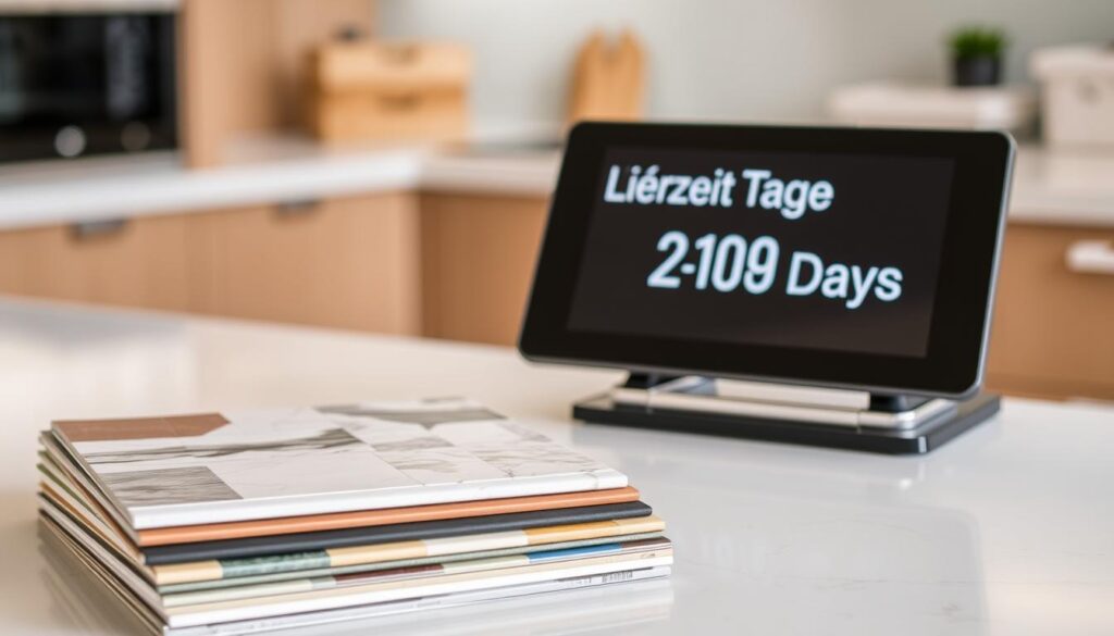 A sleek and modern kitchen worktop, its surface shimmering with a glossy finish. In the foreground, a stack of product samples - various tiles, stones, and materials - neatly arranged to showcase the diverse options available. The middle ground features a digital display, its screen showing the "Lieferzeit Tage" (Delivery Time in Days) information, conveying a sense of efficiency and reliable fulfillment. The background is softly blurred, creating a sense of depth and focus on the central elements. The overall scene is bathed in warm, natural lighting, reflecting the high-quality, tailored nature of the kitchen solutions on offer.