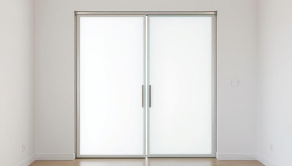 A sleek and modern sliding glass door made of translucent milky-white panels, creating a soft, diffused light that fills the room. The door seamlessly integrates with the surrounding white walls, blending in harmoniously. The frameless design emphasizes the minimalist aesthetic, while the smooth sliding mechanism adds a touch of elegant functionality. The glass panels allow natural light to flow through, preserving a sense of openness and visual continuity. Subtle details, such as discreet hardware and a barely perceptible track, enhance the overall refined appearance. This sliding door solution offers a balance of style, privacy, and illumination, perfectly suited for the modern, light-filled home.