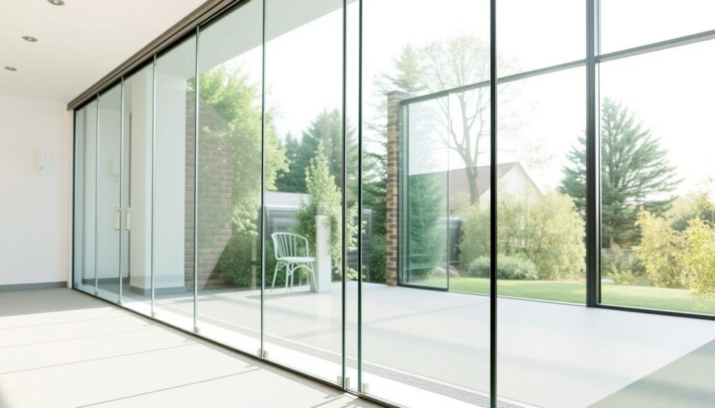 A sleek and modern sliding glass door system, backlit by soft natural lighting filtering through a large window. The glass panels glide smoothly along a minimalist aluminum track, seamlessly blending interior and exterior spaces. The frameless design showcases the purity of the material, while discreet hardware allows for effortless operation. Meticulously crafted joints and fittings reflect the high-quality engineering. An elegant, architectural feature that elevates the ambiance of the room, inviting the outdoors in.