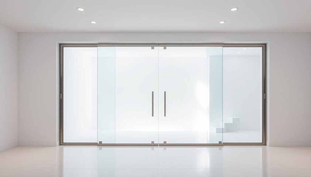 A sleek, contemporary glass sliding door with a minimalist, frameless design. The glass panels are seamlessly integrated, allowing natural light to flood the space. Subtle metal hardware in a brushed finish accentuates the modern aesthetic. The door is set against a backdrop of crisp, clean white walls, creating a harmonious, high-end atmosphere. Soft, diffused lighting from recessed ceiling fixtures casts a warm glow, highlighting the transparency and reflective qualities of the glass. The overall scene conveys a sense of sophistication, elegance, and thoughtful, functional design. A sleek, contemporary glass sliding door with a minimalist, frameless design. The glass panels are seamlessly integrated, allowing natural light to flood the space. Subtle metal hardware in a brushed finish accentuates the modern aesthetic. The door is set against a backdrop of crisp, clean white walls, creating a harmonious, high-end atmosphere. Soft, diffused lighting from recessed ceiling fixtures casts a warm glow, highlighting the transparency and reflective qualities of the glass. The overall scene conveys a sense of sophistication, elegance, and thoughtful, functional design.