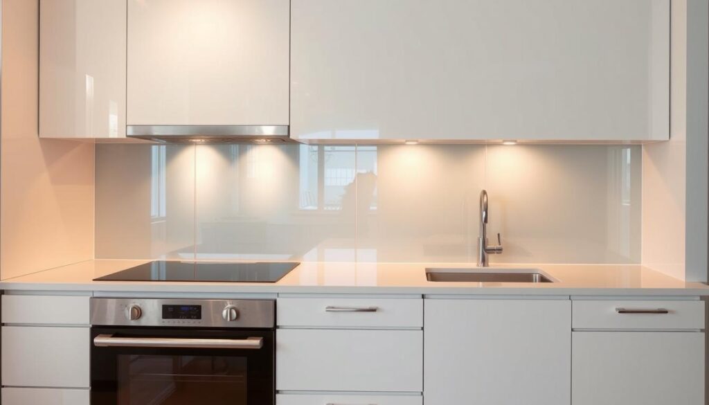 A sleek, contemporary kitchen backsplash made of tempered glass, reflecting the warm, ambient lighting from above. The glass surface is seamless, with a high-gloss finish that catches the light, creating a sense of depth and luminosity. The backsplash extends from the countertop to the upper cabinets, creating a clean, unified aesthetic. Subtle patterns or textures are etched into the glass, adding visual interest without distracting from the overall minimalist design. The kitchen itself is spacious, with crisp white cabinetry and stainless steel appliances, all set against a neutral color palette that allows the glass backsplash to take center stage.