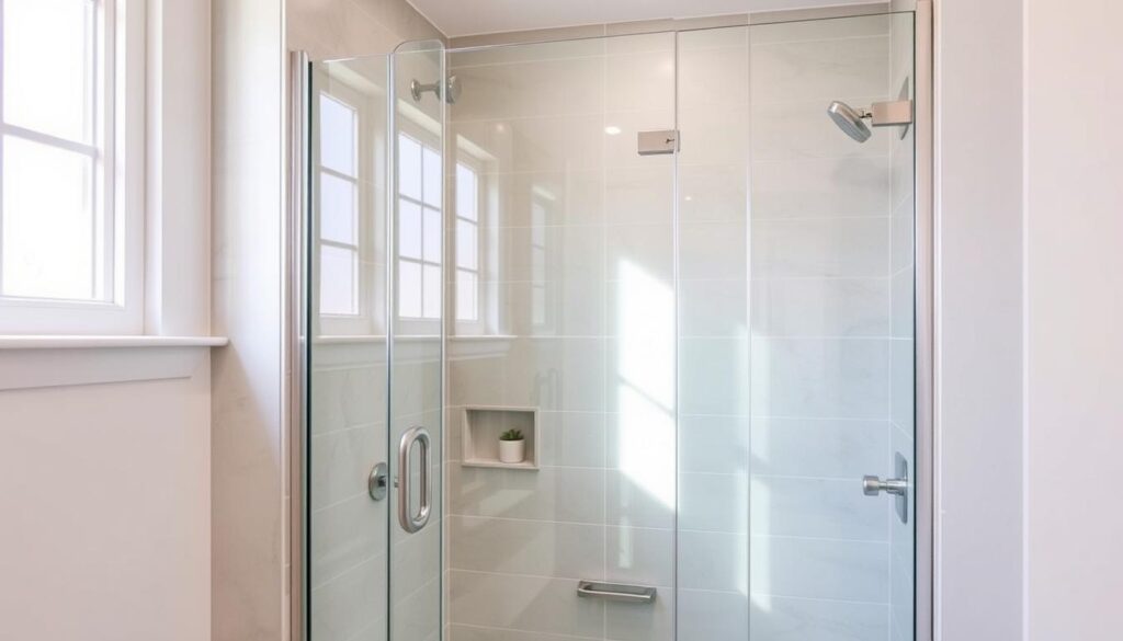 A sleek, custom-fitted glass shower door set within a tiled niche, illuminated by a soft, natural light streaming through a nearby window. The door's frameless design and crystal-clear panels create an elegant, seamless aesthetic, perfectly tailored to the dimensions of the alcove. Subtle metallic hardware accents and a minimalist silhouette blend effortlessly with the clean, modern bathroom decor. The door's precision-engineered hinges and seals ensure a smooth, easy operation, while the high-quality tempered glass provides both style and functionality. This bespoke solution showcases expert craftsmanship and attention to detail, delivering a custom fit that enhances the overall aesthetics and functionality of the bathroom space. A sleek, custom-fitted glass shower door set within a tiled niche, illuminated by a soft, natural light streaming through a nearby window. The door's frameless design and crystal-clear panels create an elegant, seamless aesthetic, perfectly tailored to the dimensions of the alcove. Subtle metallic hardware accents and a minimalist silhouette blend effortlessly with the clean, modern bathroom decor. The door's precision-engineered hinges and seals ensure a smooth, easy operation, while the high-quality tempered glass provides both style and functionality. This bespoke solution showcases expert craftsmanship and attention to detail, delivering a custom fit that enhances the overall aesthetics and functionality of the bathroom space.