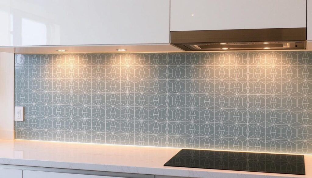 A sleek, custom-made kitchen backsplash with a modern geometric motif, meticulously crafted to the precise dimensions of the space. The pattern is etched into a sturdy, tempered glass panel, creating a seamless, high-quality surface that effortlessly protects the wall from splashes and stains. Warm, directional lighting casts a soft, even glow across the surface, highlighting the intricate design and lending a sense of depth and dimension. The backsplash is installed flush against the wall, creating a clean, integrated look that complements the kitchen's contemporary aesthetic. The overall effect is one of sophisticated, bespoke elegance - a perfect blend of form and function, tailored to the homeowner's unique specifications.