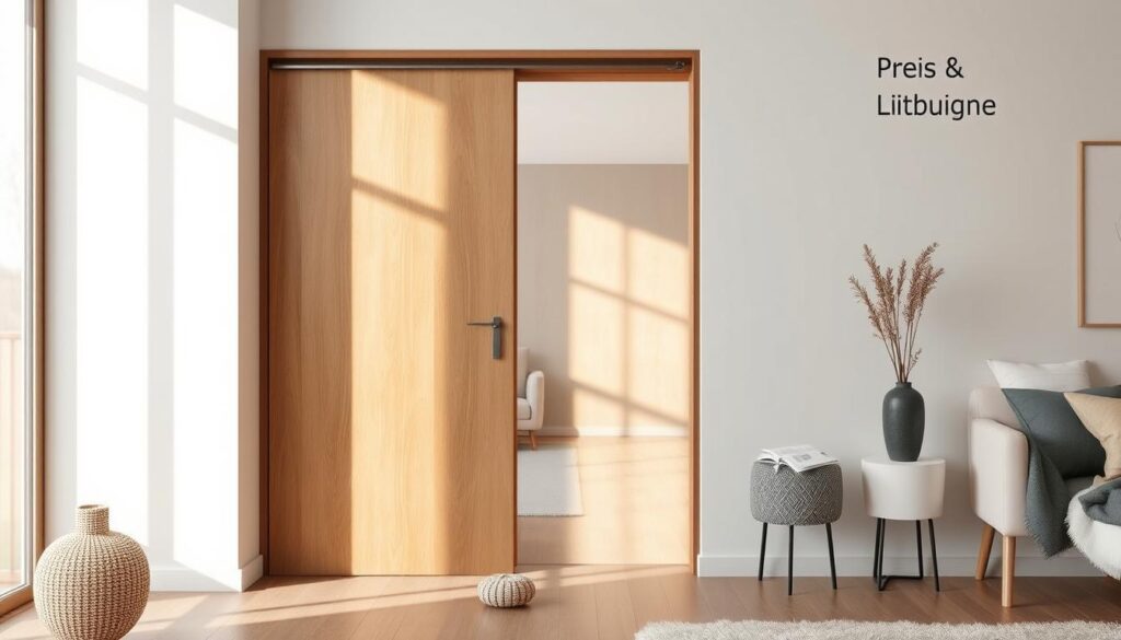 A sleek, elegant wooden sliding door sits in a well-lit, contemporary interior. The door's smooth, satin-finished surface gleams under warm, diffused lighting, casting gentle shadows that accentuate its clean lines. The door is framed by minimalist, Nordic-inspired decor, with a neutral color palette of whites, grays, and natural wood tones. The scene exudes a sense of understated luxury and attention to detail, perfectly capturing the "Preis & Leistung" (price and performance) aspect of this premium, high-quality home solution. A sleek, elegant wooden sliding door sits in a well-lit, contemporary interior. The door's smooth, satin-finished surface gleams under warm, diffused lighting, casting gentle shadows that accentuate its clean lines. The door is framed by minimalist, Nordic-inspired decor, with a neutral color palette of whites, grays, and natural wood tones. The scene exudes a sense of understated luxury and attention to detail, perfectly capturing the "Preis & Leistung" (price and performance) aspect of this premium, high-quality home solution.