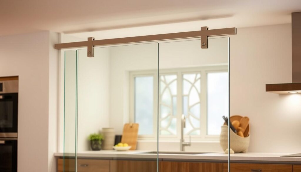 A sleek, frameless glass panel effortlessly glides along a discreet track, seamlessly integrating into the kitchen's clean, modern aesthetic. The panel's crystal-clear surface reflects the warm, diffused lighting, creating an airy, inviting atmosphere. Sturdy metal brackets firmly grip the panel, securing it to the wall without the need for intrusive drilling or mounting. The streamlined, minimalist design blends harmoniously with a variety of kitchen styles, from contemporary to traditional. A subtle sheen adds a touch of sophistication, while the panel's easy maneuverability ensures a smooth, hassle-free installation process, perfect for DIY enthusiasts or professional renovators alike. A sleek, frameless glass panel effortlessly glides along a discreet track, seamlessly integrating into the kitchen's clean, modern aesthetic. The panel's crystal-clear surface reflects the warm, diffused lighting, creating an airy, inviting atmosphere. Sturdy metal brackets firmly grip the panel, securing it to the wall without the need for intrusive drilling or mounting. The streamlined, minimalist design blends harmoniously with a variety of kitchen styles, from contemporary to traditional. A subtle sheen adds a touch of sophistication, while the panel's easy maneuverability ensures a smooth, hassle-free installation process, perfect for DIY enthusiasts or professional renovators alike.