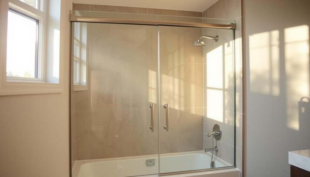 A sleek, frameless glass shower enclosure nestled seamlessly in the corner of a luxurious bathroom. Sunlight streams through the tempered glass panels, casting a warm, ethereal glow. The clean, minimalist design exudes sophistication, with precision-crafted sliding doors that glide effortlessly on a sleek track system. Subtle chrome hardware accents the seamless integration of form and function, creating a visually striking and highly practical solution for a custom bath over a corner tub. The transparent glass panels offer an unobstructed view, enhancing the sense of spaciousness and creating a spa-like ambiance. This bespoke glass enclosure is the perfect marriage of style, customization, and functionality, elevating the overall aesthetic and user experience of the bathroom. A sleek, frameless glass shower enclosure nestled seamlessly in the corner of a luxurious bathroom. Sunlight streams through the tempered glass panels, casting a warm, ethereal glow. The clean, minimalist design exudes sophistication, with precision-crafted sliding doors that glide effortlessly on a sleek track system. Subtle chrome hardware accents the seamless integration of form and function, creating a visually striking and highly practical solution for a custom bath over a corner tub. The transparent glass panels offer an unobstructed view, enhancing the sense of spaciousness and creating a spa-like ambiance. This bespoke glass enclosure is the perfect marriage of style, customization, and functionality, elevating the overall aesthetic and user experience of the bathroom.