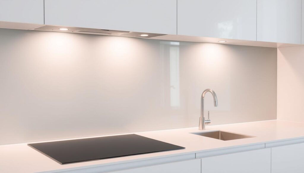 A sleek, frameless kitchen backsplash made of tempered glass, capturing the essence of modern, minimalist design. The glass panel, subtly tinted in a soft shade of gray, spans the width of the kitchen counter, providing a seamless, uninterrupted surface that effortlessly blends with the surrounding cabinetry. Strategically placed LED lighting casts a warm, ambient glow, illuminating the glass and creating a sophisticated, elegant atmosphere. The panel's surface is meticulously polished, reflecting the kitchen's clean lines and crisp, contemporary aesthetic. This stylish "spritzschutz" not only serves as a practical splashback, but also elevates the overall design of the kitchen, harmoniously combining form and function.