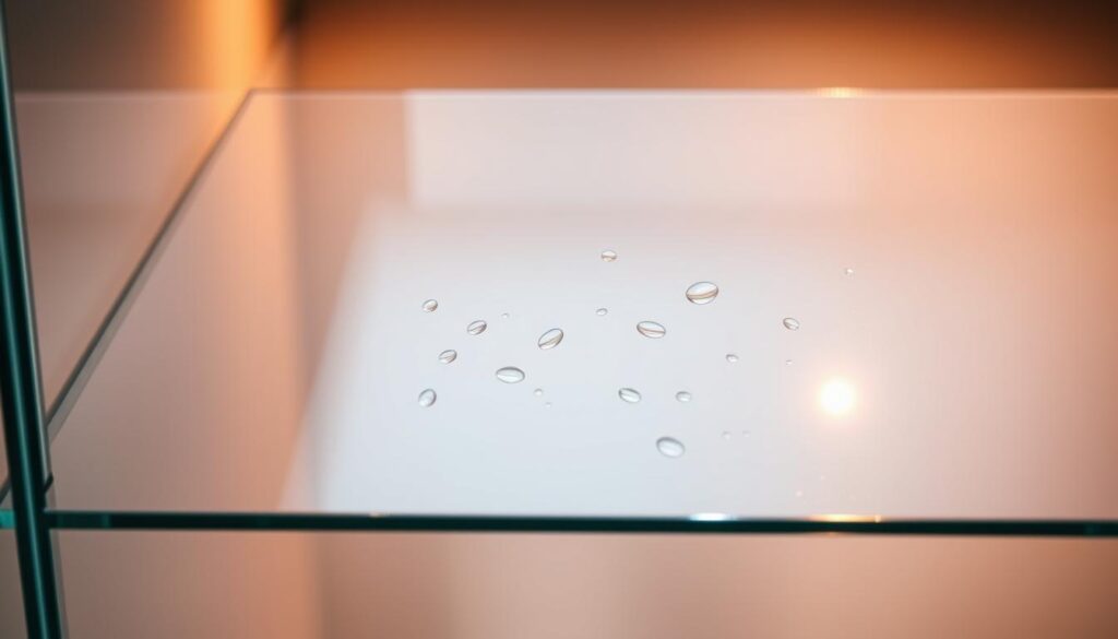 A sleek glass shower panel with a pristine nano-coating, capturing the essence of "Nano Beschichtung: Weniger Kalk, leichte Reinigung". The surface appears smooth and hydrophobic, shedding water droplets effortlessly. Warm, directional lighting illuminates the tempered glass, creating a sense of refinement and attention to detail. The composition emphasizes the purity of the material, showcasing the transparent, low-maintenance qualities of the nano-coated surface. A subtle reflection on the glass adds depth and creates a sense of infinite space, complementing the minimalist, high-end aesthetic. A sleek glass shower panel with a pristine nano-coating, capturing the essence of "Nano Beschichtung: Weniger Kalk, leichte Reinigung". The surface appears smooth and hydrophobic, shedding water droplets effortlessly. Warm, directional lighting illuminates the tempered glass, creating a sense of refinement and attention to detail. The composition emphasizes the purity of the material, showcasing the transparent, low-maintenance qualities of the nano-coated surface. A subtle reflection on the glass adds depth and creates a sense of infinite space, complementing the minimalist, high-end aesthetic.