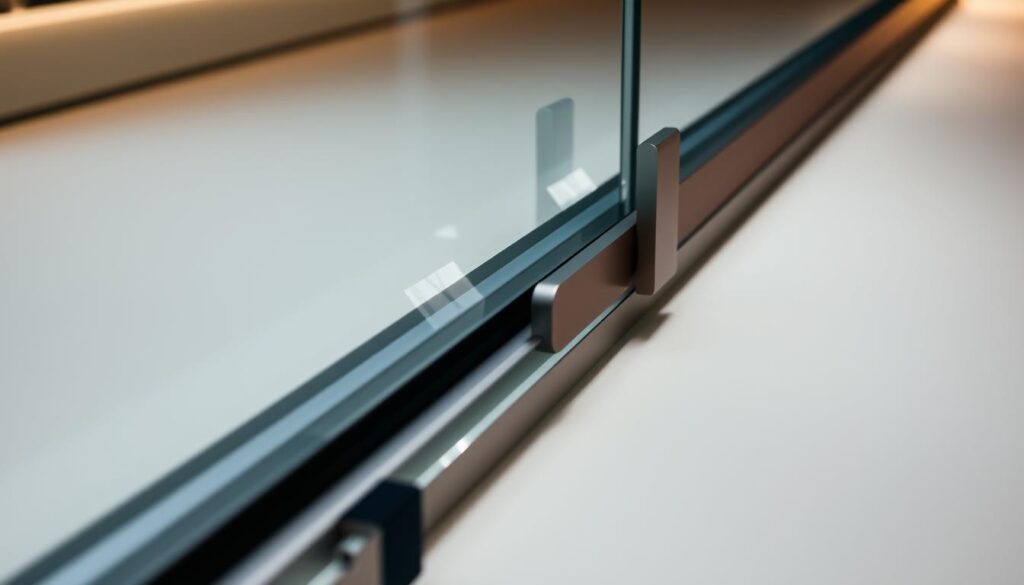 A sleek, high-quality aluminum sliding door track system, meticulously crafted with precision engineering. The track features a smooth, anodized surface that effortlessly glides the door panel, enhanced by a soft-close mechanism for a refined, near-silent operation. Subtle lighting illuminates the track's clean lines, casting a warm, inviting glow that accentuates the track's premium materials and minimalist design. The scene is captured in a high-resolution, detail-oriented photograph, showcasing the track's technical sophistication and seamless integration within a modern, glass-based architectural setting.
