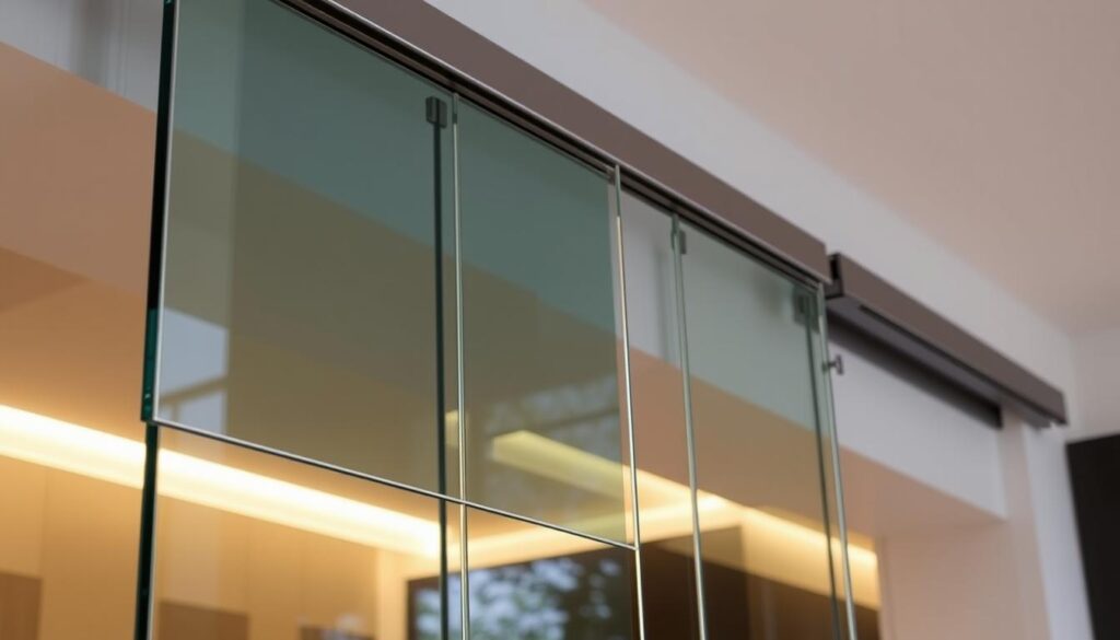 A sleek, high-quality glass sliding door, suspended on a sturdy, chrome-plated track system. The tempered glass panels reflect the surrounding environment, seamlessly blending with the interior. Crisp, clean lines and a minimalist design create an elegant, modern aesthetic. Subtle lighting illuminates the scene, casting a warm, inviting glow. The door glides effortlessly along the precision-engineered track, its movement smooth and silent. Attention to detail is evident in the robust hardware and the secure, easy-to-operate locking mechanism. This sliding door system embodies a perfect balance of form and function, offering a high-quality, customizable solution for any contemporary living space. A sleek, high-quality glass sliding door, suspended on a sturdy, chrome-plated track system. The tempered glass panels reflect the surrounding environment, seamlessly blending with the interior. Crisp, clean lines and a minimalist design create an elegant, modern aesthetic. Subtle lighting illuminates the scene, casting a warm, inviting glow. The door glides effortlessly along the precision-engineered track, its movement smooth and silent. Attention to detail is evident in the robust hardware and the secure, easy-to-operate locking mechanism. This sliding door system embodies a perfect balance of form and function, offering a high-quality, customizable solution for any contemporary living space.