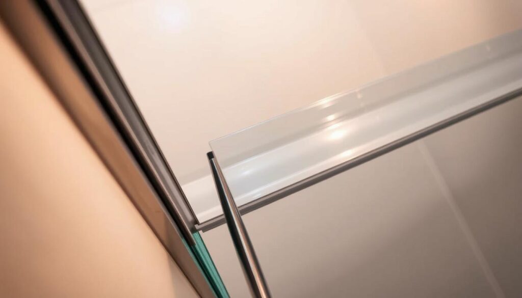 A sleek, high-quality shower door seal, crafted with precision and durability. The duschdichtung glistens under warm, directional lighting, showcasing its seamless design and premium materials. It sits snugly in the frame, creating a watertight barrier to keep the shower enclosure dry. The duschdichtung's clean lines and subtle sheen evoke a sense of modern elegance, perfectly complementing the minimalist aesthetic of the surrounding shower area. The scene is captured from a low angle, emphasizing the product's sturdy construction and attention to detail. The image conveys the duschdichtung's reliability, longevity, and ability to provide a custom fit for any shower door, as promised in the section title.