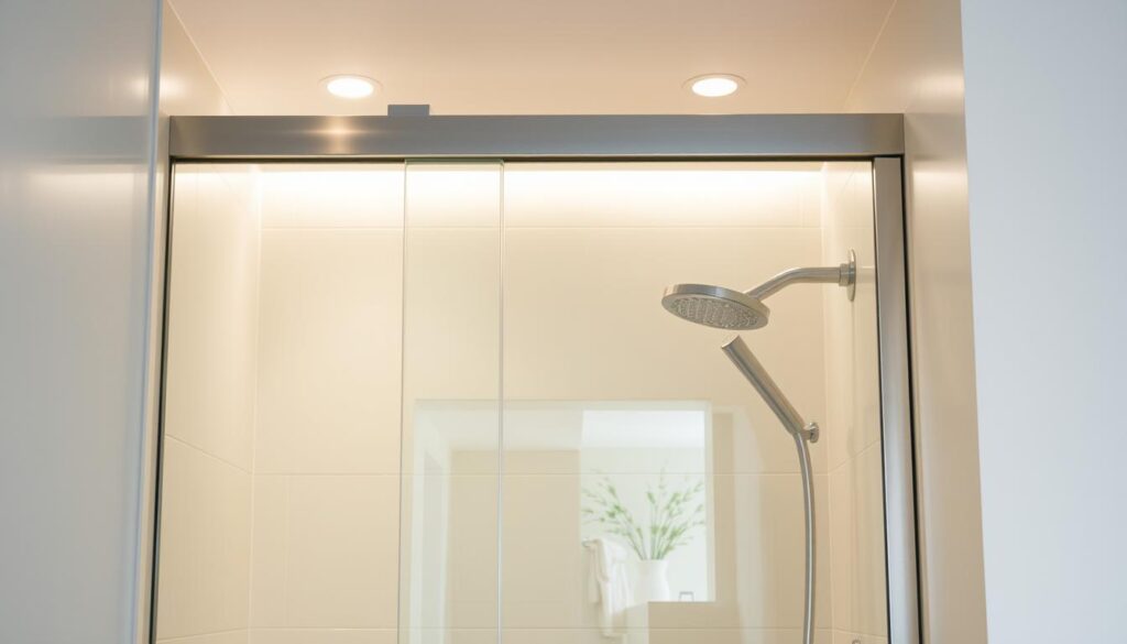 A sleek, minimalist glass shower door in a spacious, well-lit bathroom. The door is made of tempered glass, with a polished metal frame in a brushed chrome finish. The door's dimensions are tailored precisely to the alcove, seamlessly integrating with the surrounding tiles and fixtures. Soft, diffused lighting from recessed ceiling fixtures creates a warm, spa-like ambiance, accentuating the clean lines and transparency of the glass. The door's hinges and handles are discreetly integrated, allowing the glass to take center stage. A subtle reflection of the room's decor can be seen in the door's surface, adding depth and visual interest. The overall scene conveys a sense of modern elegance and attention to detail. A sleek, minimalist glass shower door in a spacious, well-lit bathroom. The door is made of tempered glass, with a polished metal frame in a brushed chrome finish. The door's dimensions are tailored precisely to the alcove, seamlessly integrating with the surrounding tiles and fixtures. Soft, diffused lighting from recessed ceiling fixtures creates a warm, spa-like ambiance, accentuating the clean lines and transparency of the glass. The door's hinges and handles are discreetly integrated, allowing the glass to take center stage. A subtle reflection of the room's decor can be seen in the door's surface, adding depth and visual interest. The overall scene conveys a sense of modern elegance and attention to detail.