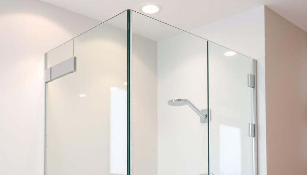 A sleek, minimalist glass shower enclosure, the centerpiece of an elegant bathroom interior. Crisp, distortion-free glass panels with seamless, chrome-finished hardware create a high-end, modern aesthetic. Soft, diffused lighting from overhead fixtures casts a warm, inviting glow, complementing the sparkling, translucent surface of the glass. The shower area is spacious and airy, with a frameless, walk-in design that emphasizes the clean, unobstructed lines. Smooth, polished glass reflects the bathroom's neutral color palette, giving the space a refined, sophisticated ambiance. Detailed close-ups showcase the premium quality of the materials and craftsmanship, highlighting the durability and easy maintenance of the glass shower system.